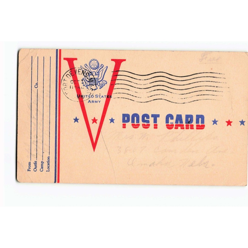 Vintage WWII US Army V for Victory Postcard Fort Devens Massachusetts 1940s
